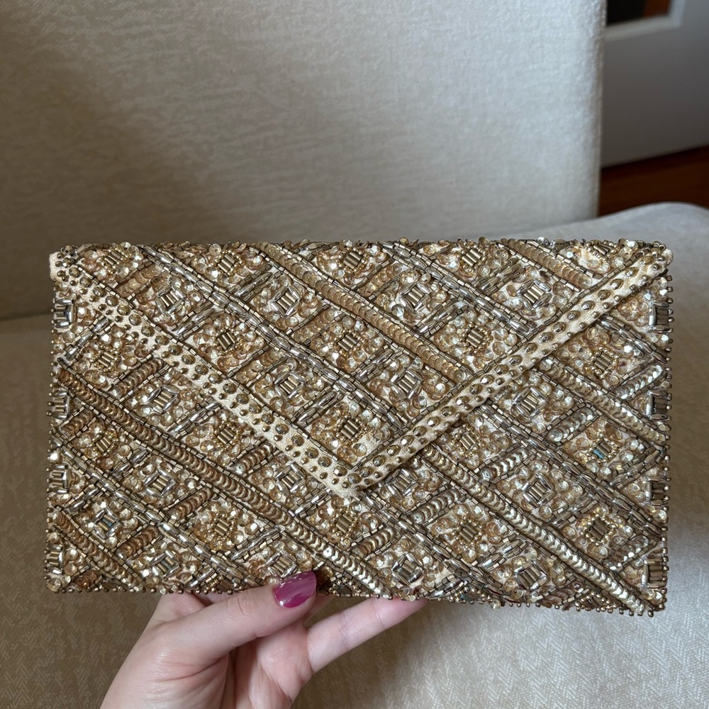 Embellished Gold Beaded Evening Envelope Clutch